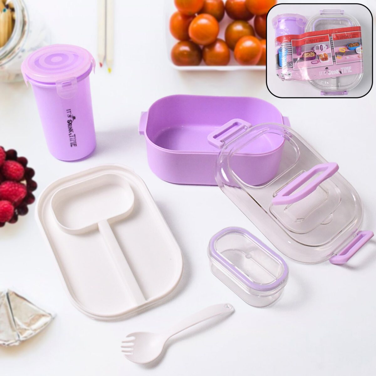 Plastic Lunch Box With Small Box, Bottle & Sponn for Kids Lunch Box (4 Pc Set) - Image 1