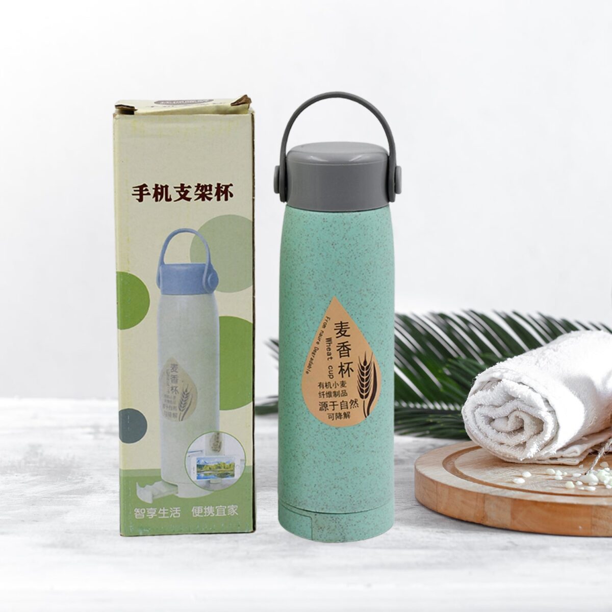 Creative Wheat Glass Water Bottle with Phone Holder (380ml, 80 Pc MOQ) - Image 3