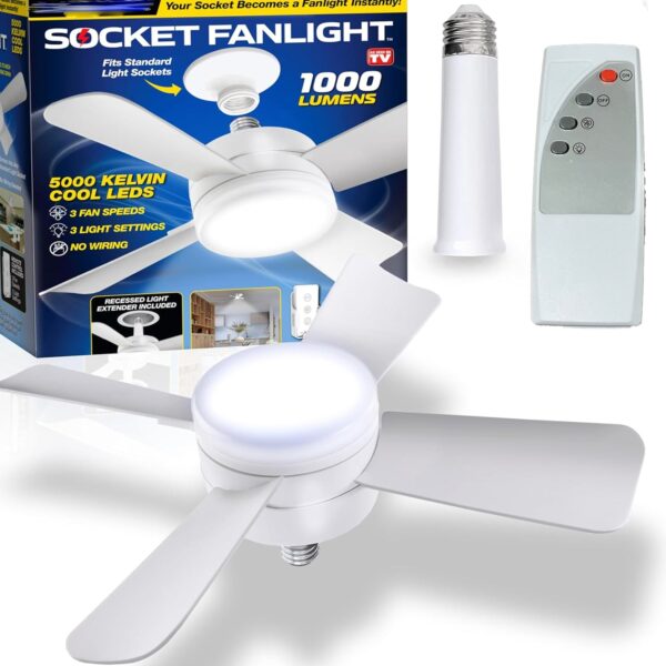 Original Cool LED Socket Fan Light â€“ Ceiling Fan Replacement, 1000 Lumens/5000K, Remote Controlled (Remote Battery Not Included)