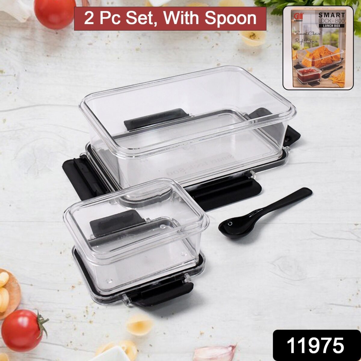 Plastic Kitchen Storage Container Big 800 ML & Small 250 ML with Air Seal Lock Lid & Spoon - Image 2