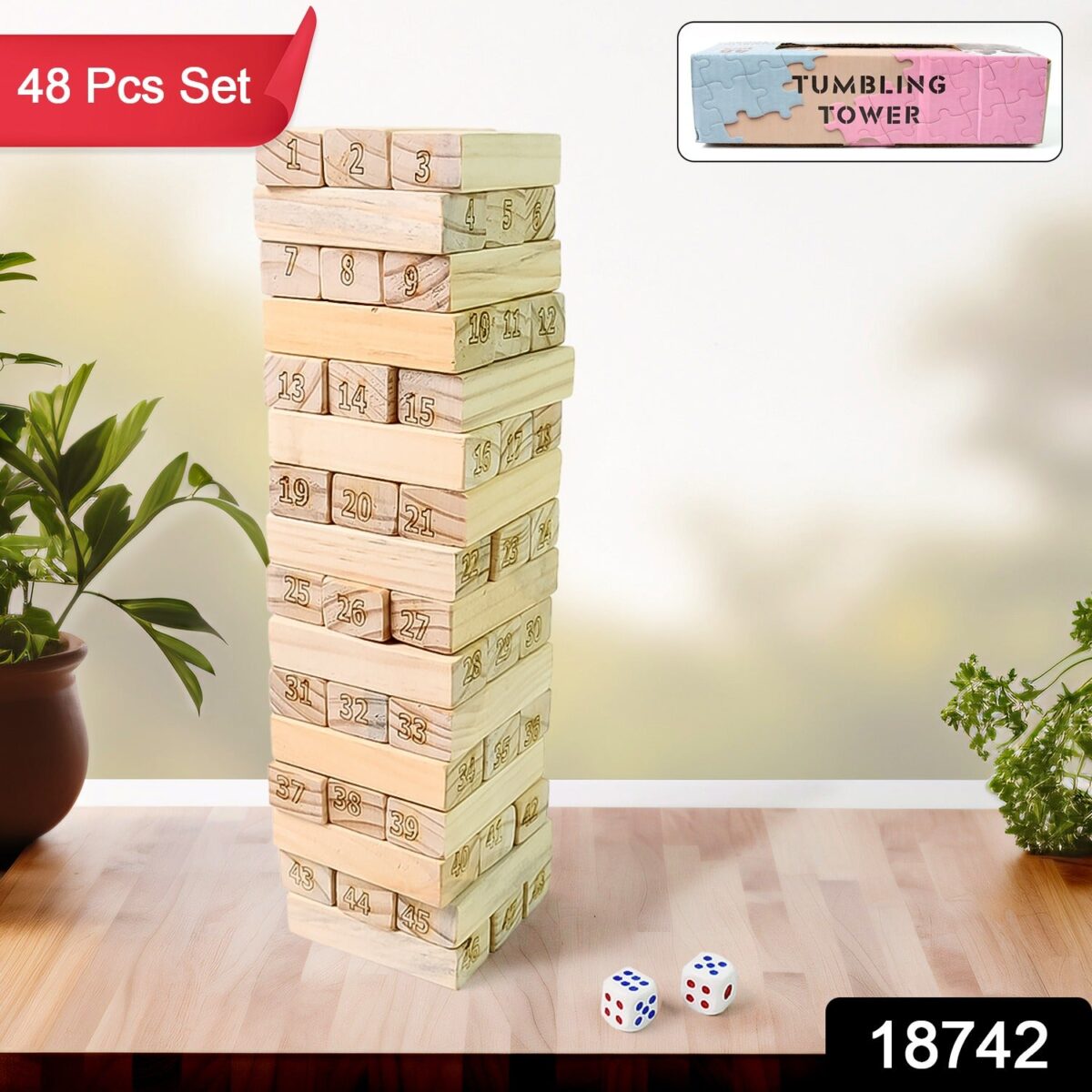 Wooden Tumbling Stacking Tower Game, Zenga tower (48 Pcs Blocks 2 Dices) - Image 2
