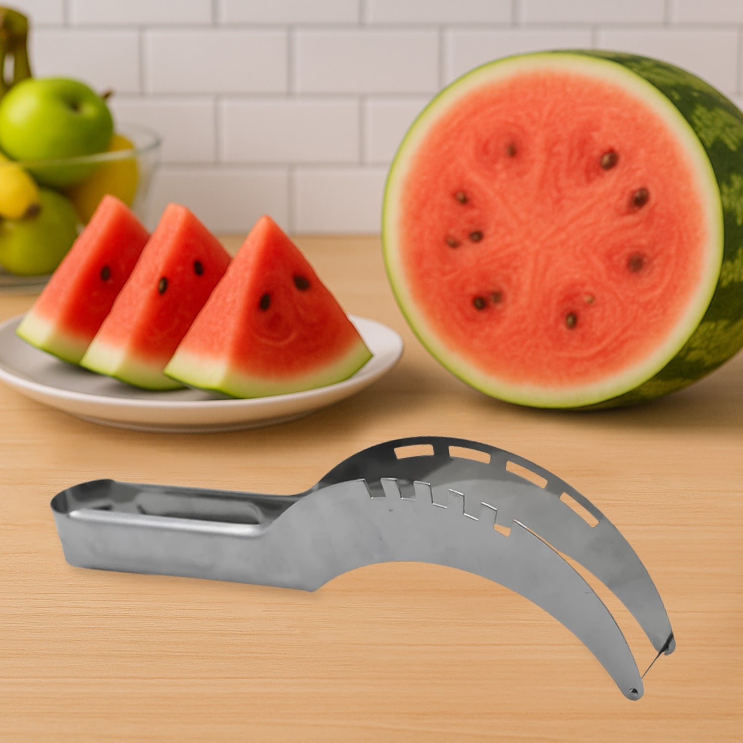 2859_watermelon_cutter_slicer_steel.jpg Stainless Steel Watermelon Cantaloupe Slicer Knife, Corer Fruit, Vegetable Tools Kitchen - Image 1