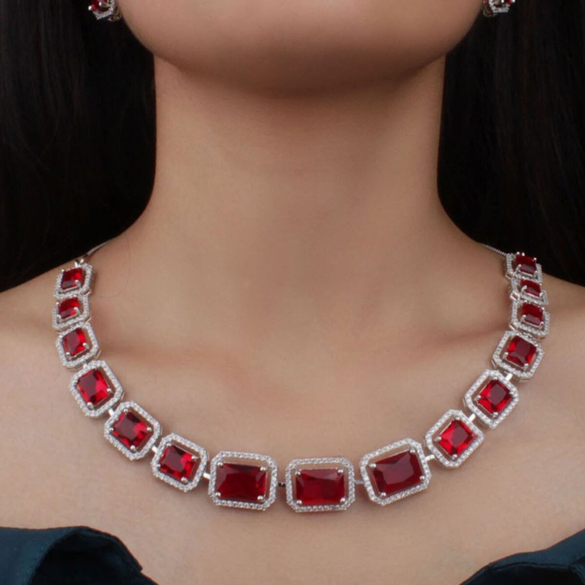 Diamond Necklace and Earrings Set (1 Set / Mix Color) - Image 3
