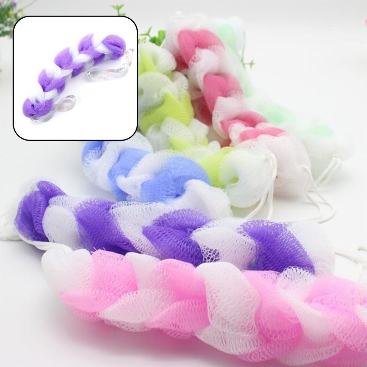 Hanging Bath Shower Long Loofah Sponge Pouf Body Scrubber (pack of 6) - Image 1