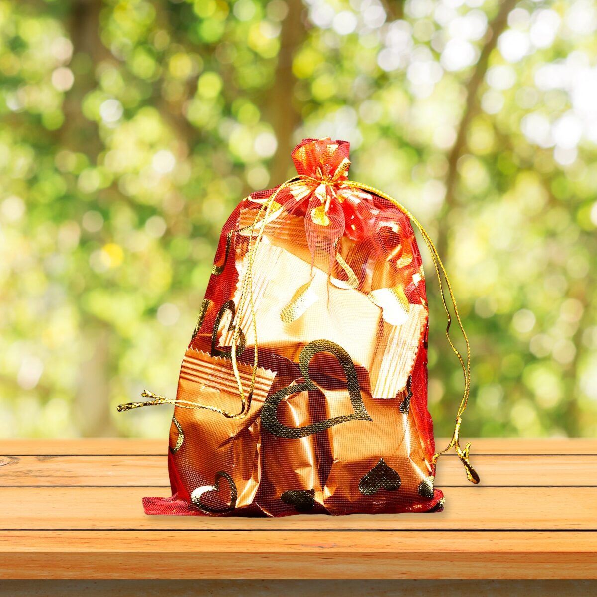 Net Fabric Drawstring Pouch Ã¢â‚¬â€œ Ideal for Dry Fruits, Organza Shagun Potli (Mix Sizes & Design) - Image 1