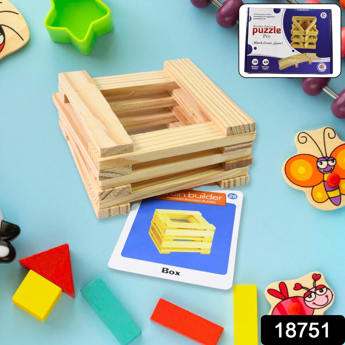 Wooden Pattern Brain Puzzles 20 Pcs Wooden Strips, 40 Pattern Cards (1 Set) - Image 2