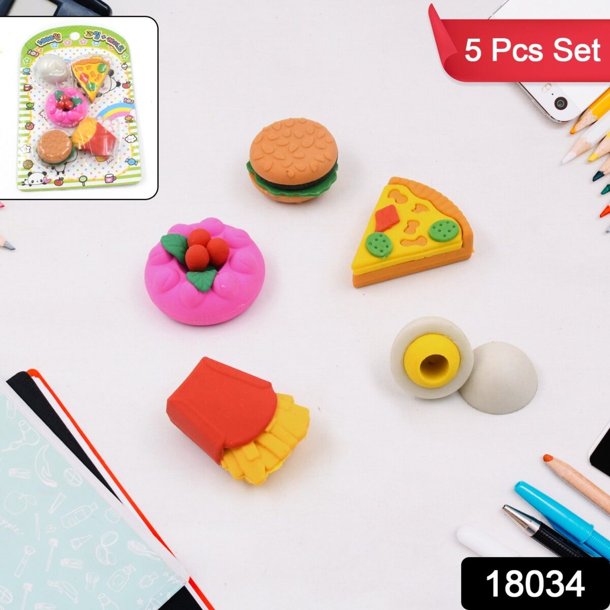 3D Food-Shaped Colorful Eraser Set Ã¢â‚¬â€œ Cute Novelty Mini Erasers for Kids (5 Pc Set) - Image 2