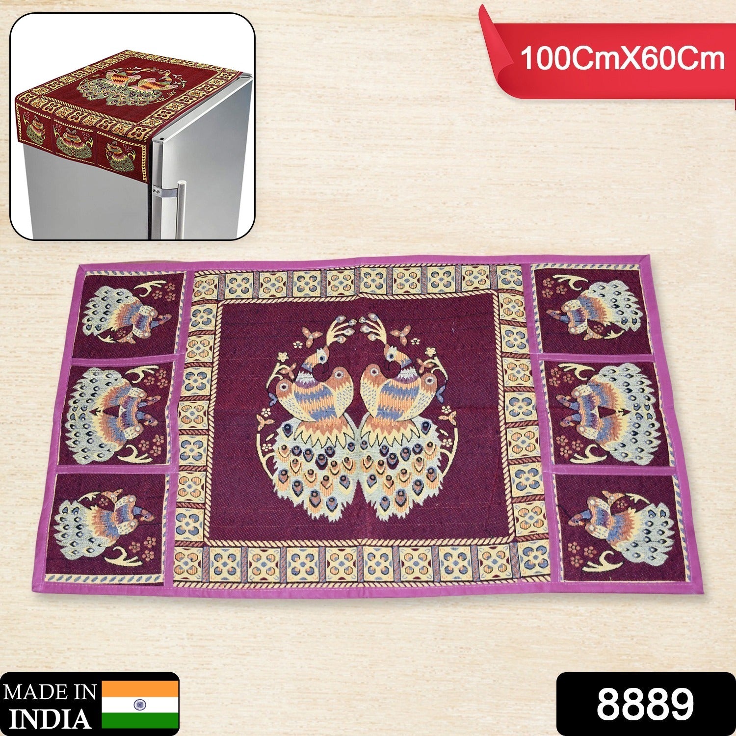 4d46d467-1c10-4785-b0db-9b34d4f9f6e0.jpg Cotton Fridge Top Cover Set - Standard, Appliance Covers Fridge Dustproof Cover with Peacock Deign 6 Utility Side Pockets Fridge Cover For All types Fridge Refrigerator Use (100x60CM) - Image 2