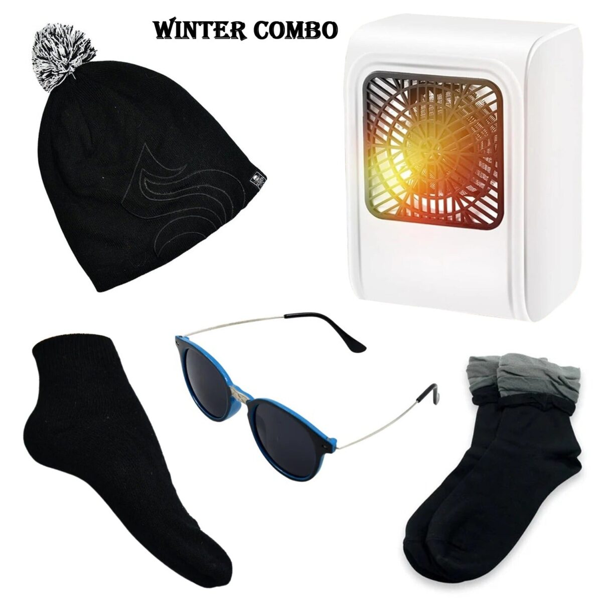 Winter Warm Set- Bennie hat, Room Heater, Sunglasses And Socks (5 Pcs Combo) - Image 1