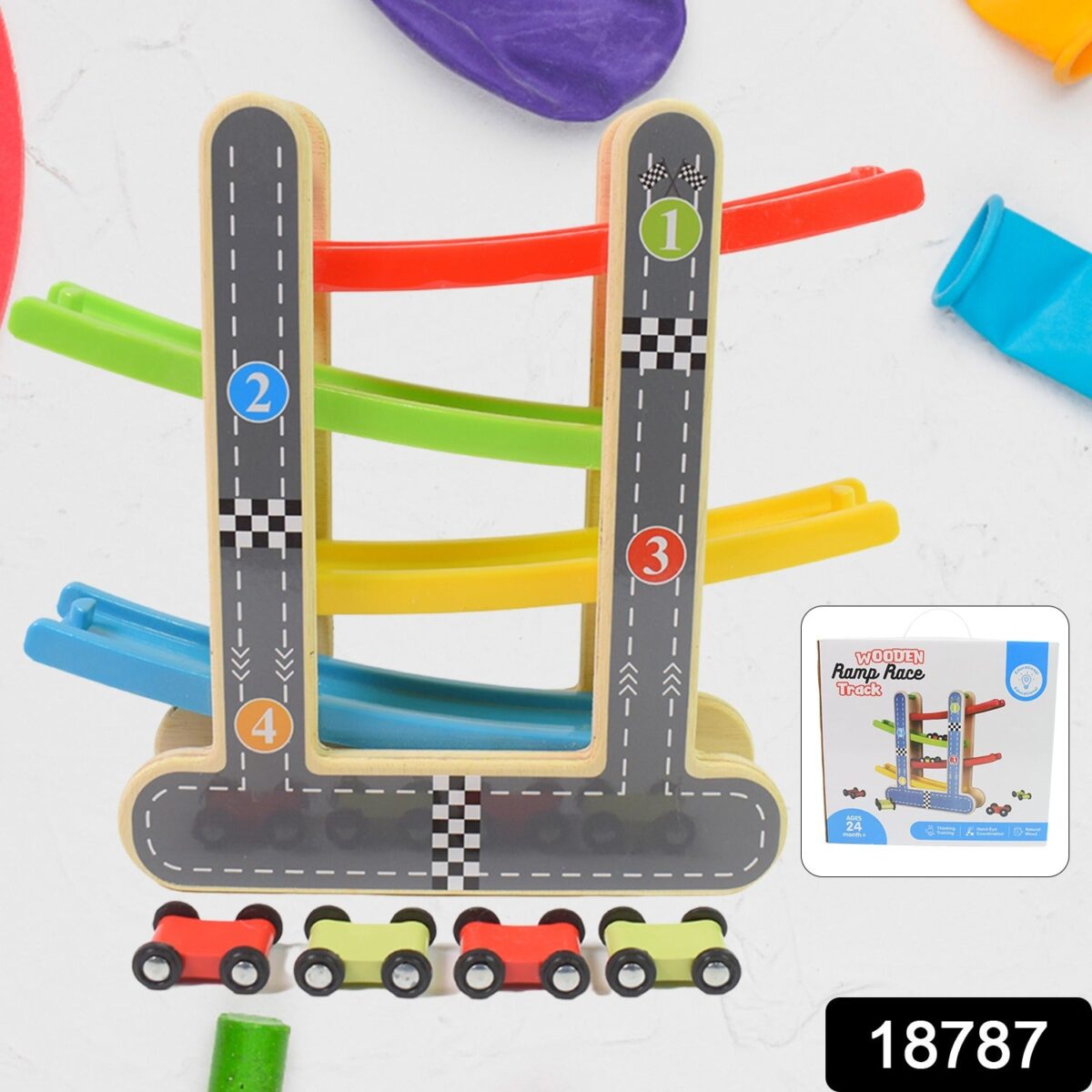 Car Racer Track Play set Wooden Click Clack Toys With 4 Mini Racers (1 Set) - Image 2