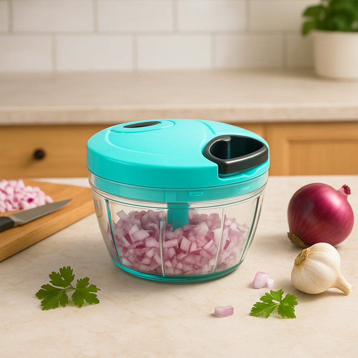 Handy Mini Plastic Vegetable Chopper Cutter, Onion Chopper Vegetables for Kitchen Accessories with 3 Blades - Image 1