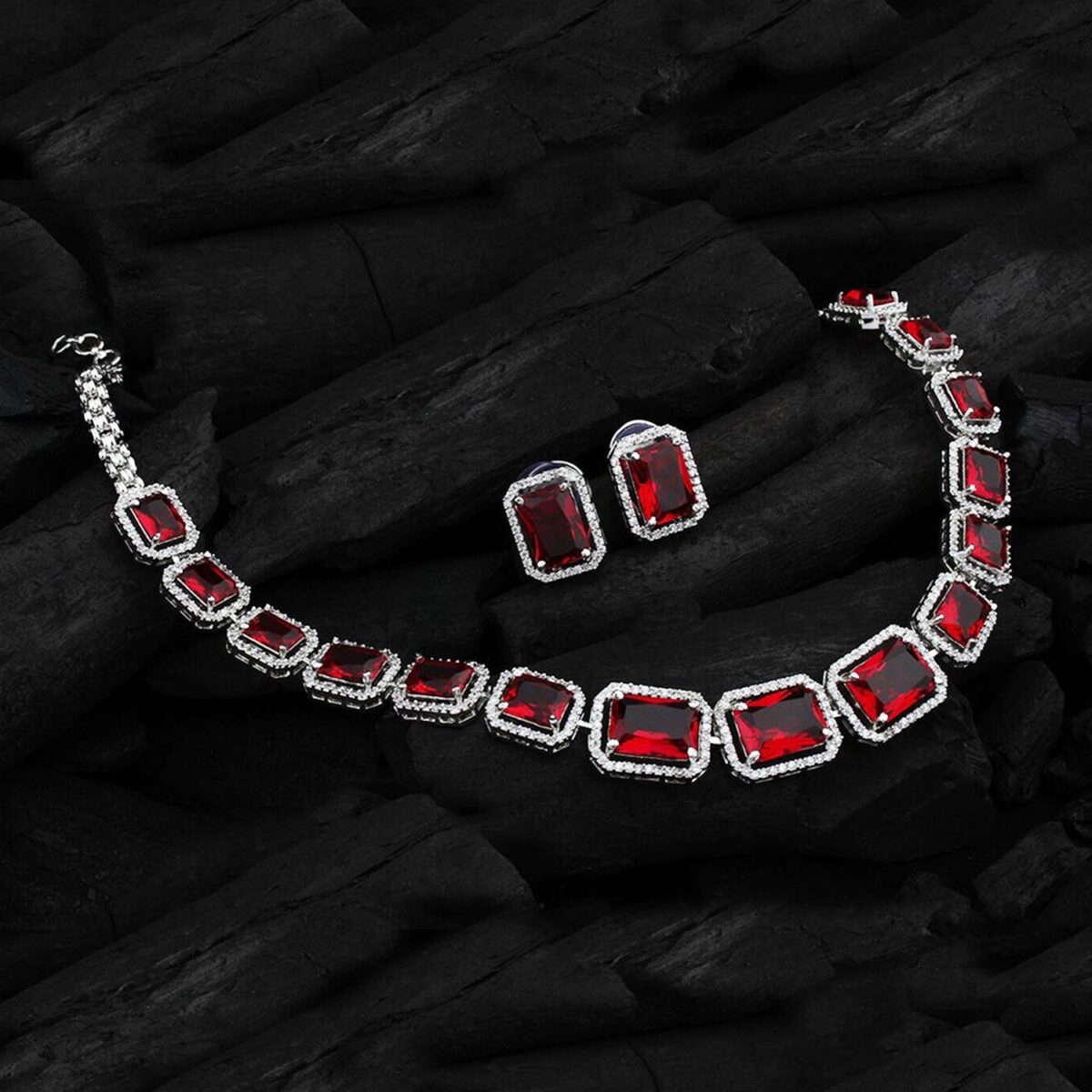 Diamond Necklace and Earrings Set (1 Set / Mix Color) - Image 6