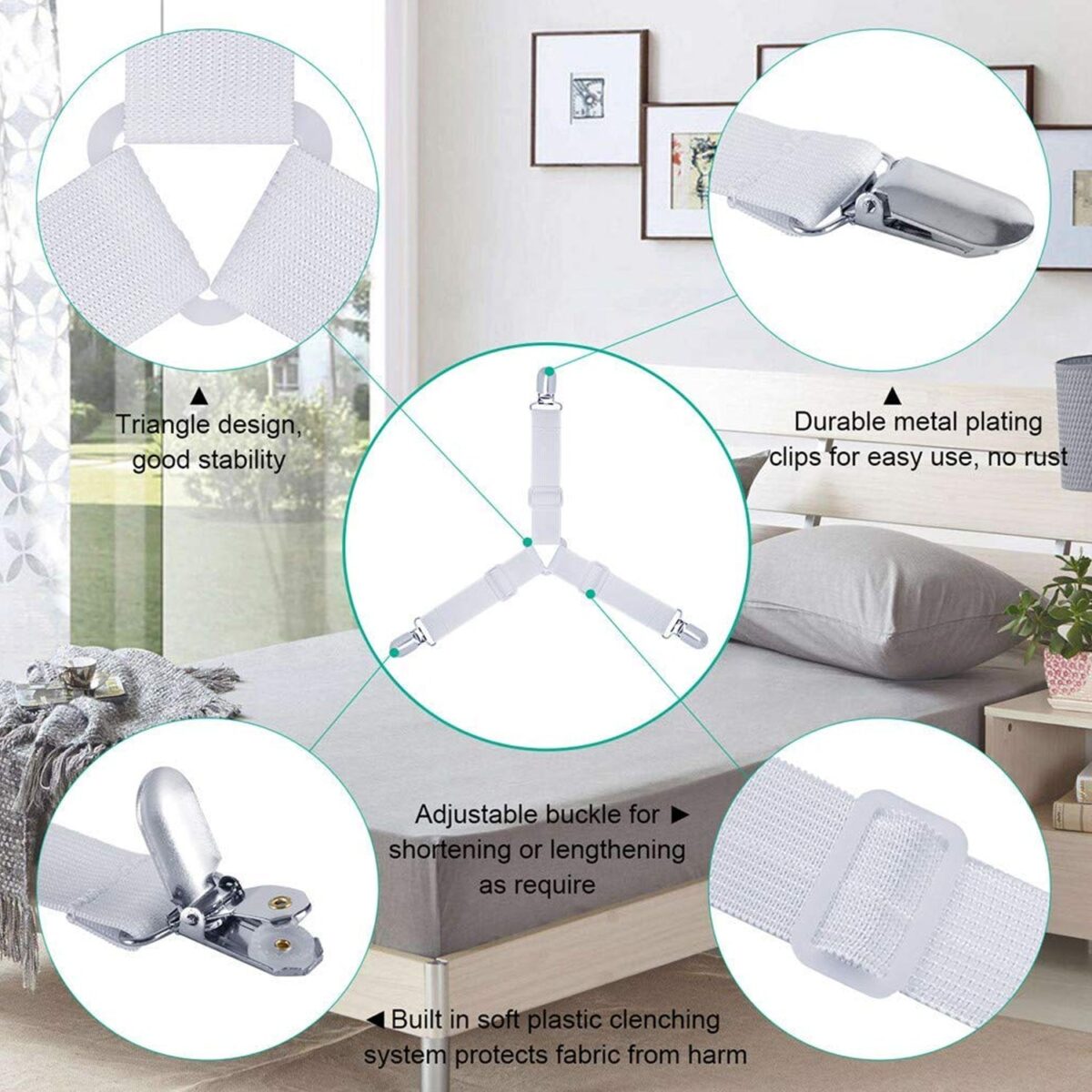 Adjustable Triangle Elastic Suspenders Gripper Holder Straps Clip for Bed Sheets (4 Pc) - Image 3
