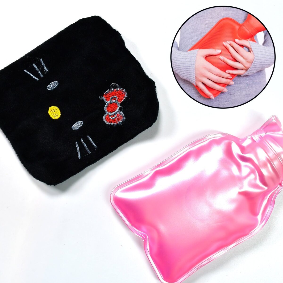 Black Hello Kitty Small Hot Water Bag with Cover Ã¢â‚¬â€œ Pain Relief & Warmer - Image 1
