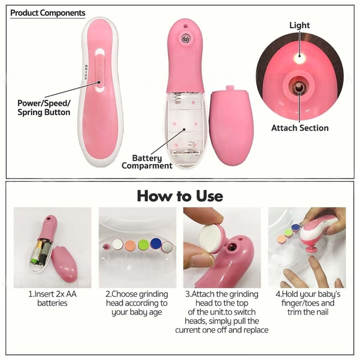 Electric Baby Nail Trimmer with Grinding Heads for Newborn Infant and Toddler - Image 6