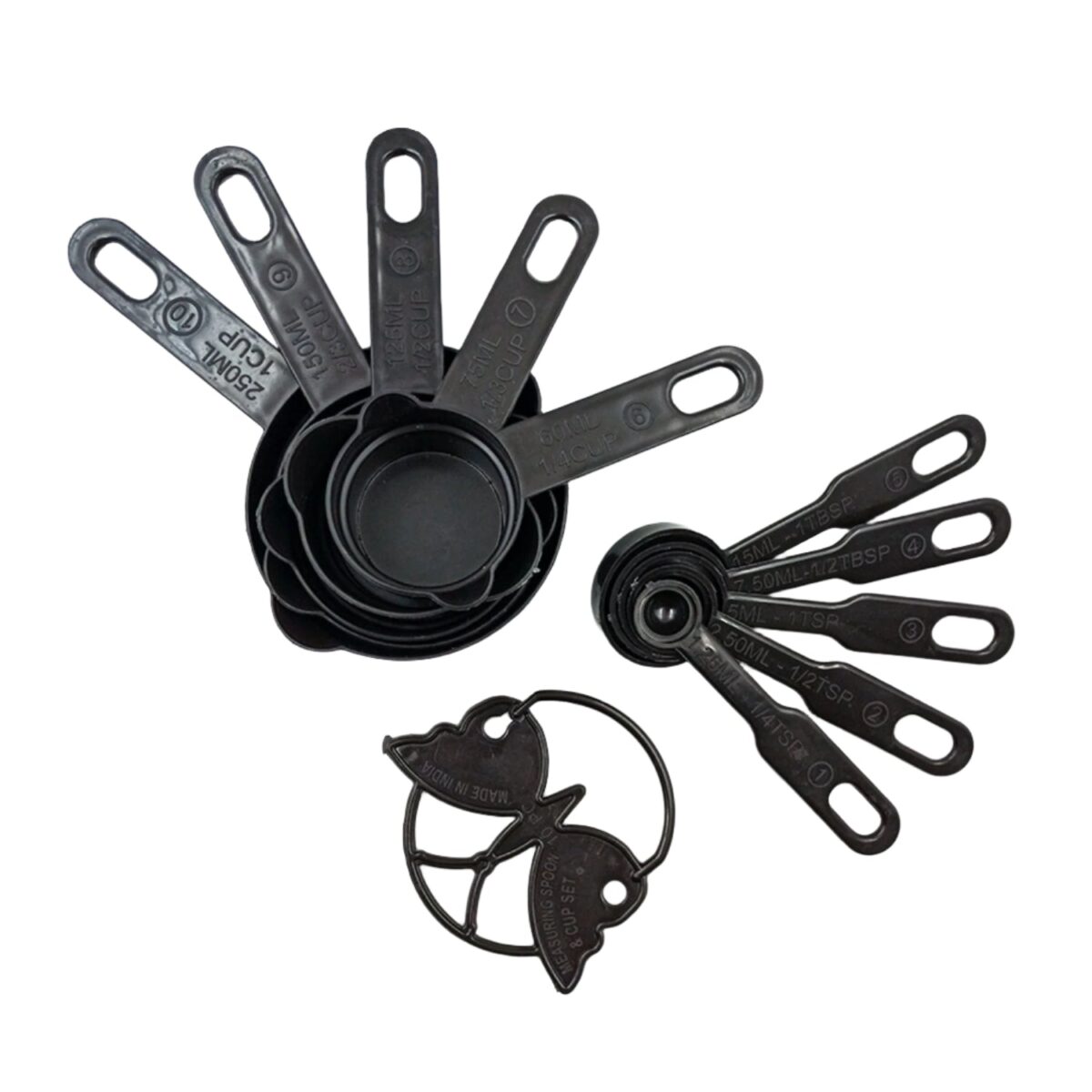 Plastic Measuring Cups and Spoons (11 Pcs, Black) With butterfly shape Holder - Image 1