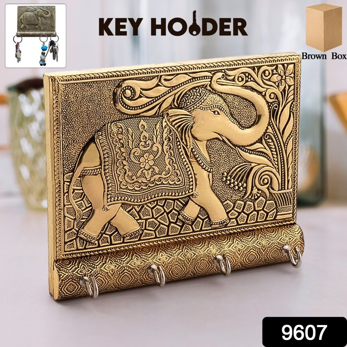 Wooden Key Holder for Home Decor Stylish Metal Gold Antique Elephant Design (1 Pc) - Image 2