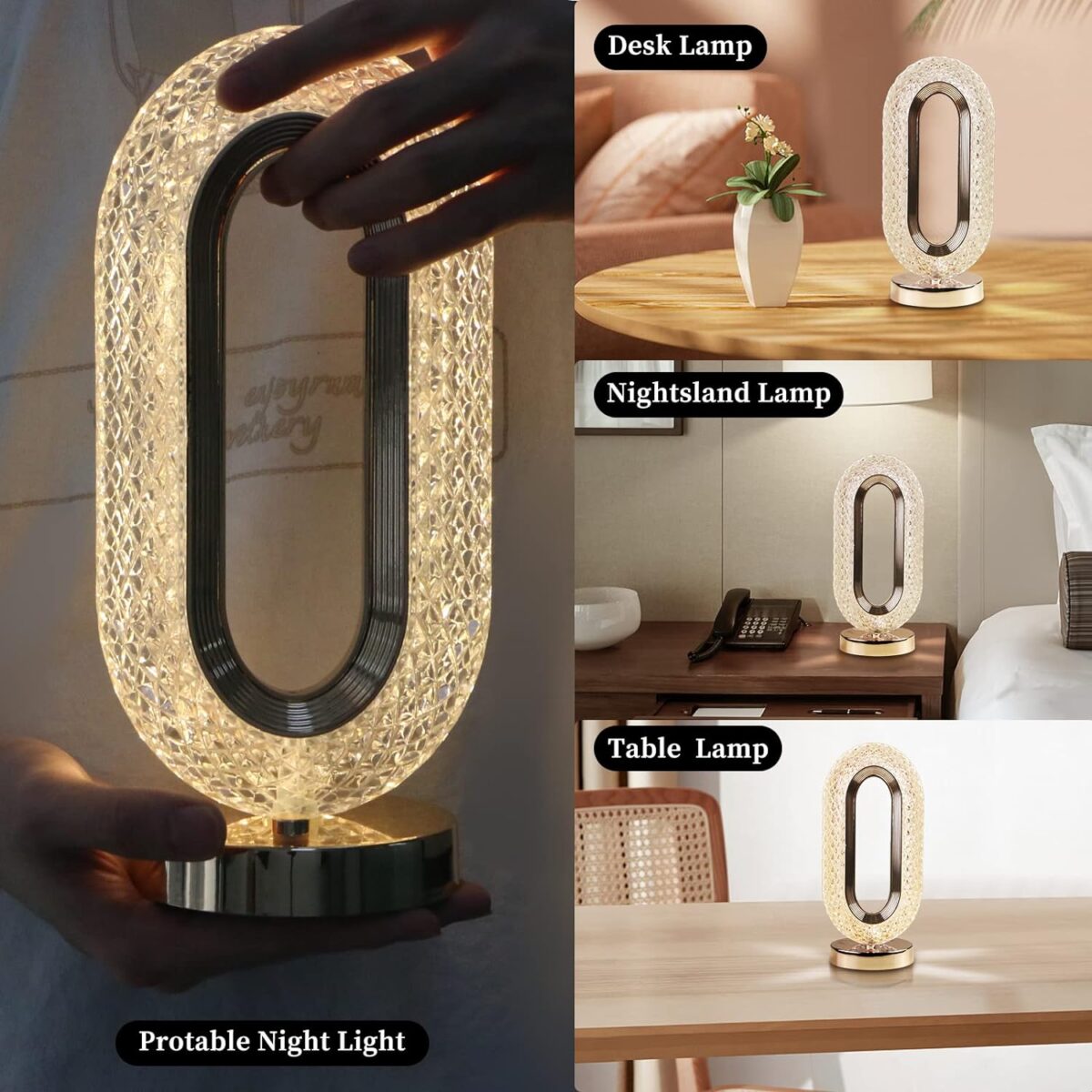 Touch Control Crystal Table Desk Lamp, 3-Way Dimmable Light, USB Rechargeable Crystal Diamond Table Lamp, Exquisite Night Stand Light Lamp Beside Lamp for Bedroom Living Room, Decorative Desk Lamp - Image 7