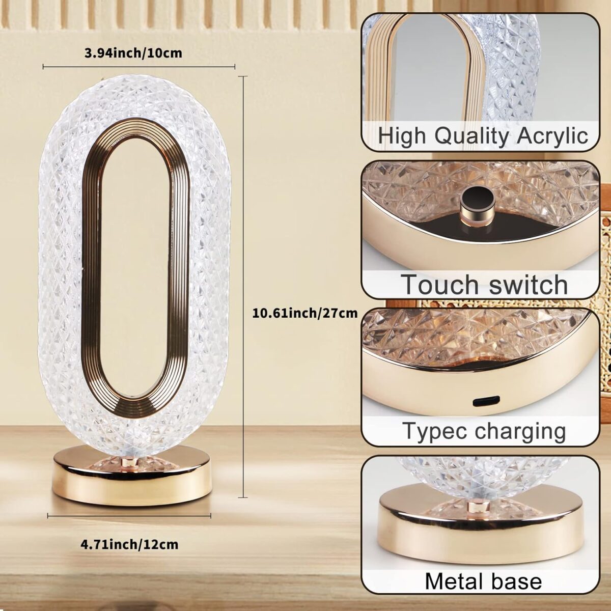 Touch Control Crystal Table Desk Lamp, 3-Way Dimmable Light, USB Rechargeable Crystal Diamond Table Lamp, Exquisite Night Stand Light Lamp Beside Lamp for Bedroom Living Room, Decorative Desk Lamp - Image 8