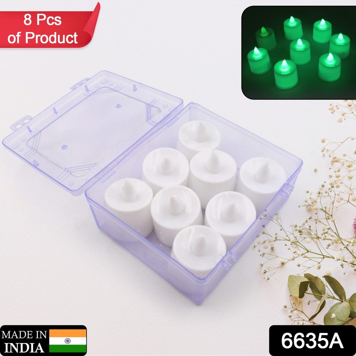 GREEN FLAMELESS LED TEALIGHTS, SMOKELESS PLASTIC DECORATIVE CANDLES - LED TEA LIGHT CANDLE FOR HOME DECORATION (PACK OF 8) - Image 2
