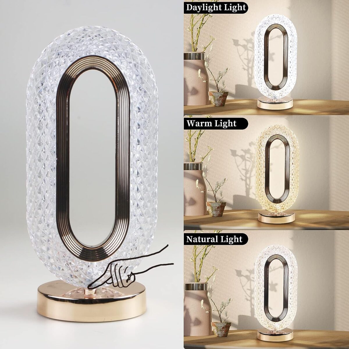 Touch Control Crystal Table Desk Lamp, 3-Way Dimmable Light, USB Rechargeable Crystal Diamond Table Lamp, Exquisite Night Stand Light Lamp Beside Lamp for Bedroom Living Room, Decorative Desk Lamp - Image 3