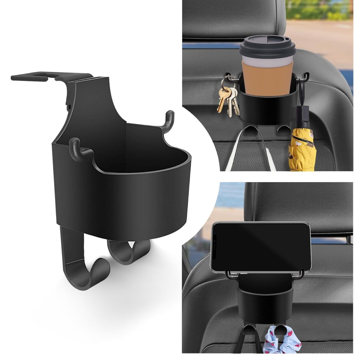 Car Headrest Backseat Organizer, 3 in 1 Automotive Cell Phone Drink cupholder Adapter with Headrest Hooks for Kids and Adults, Multifunctional Storage for Car Travel Accessories - Image 1