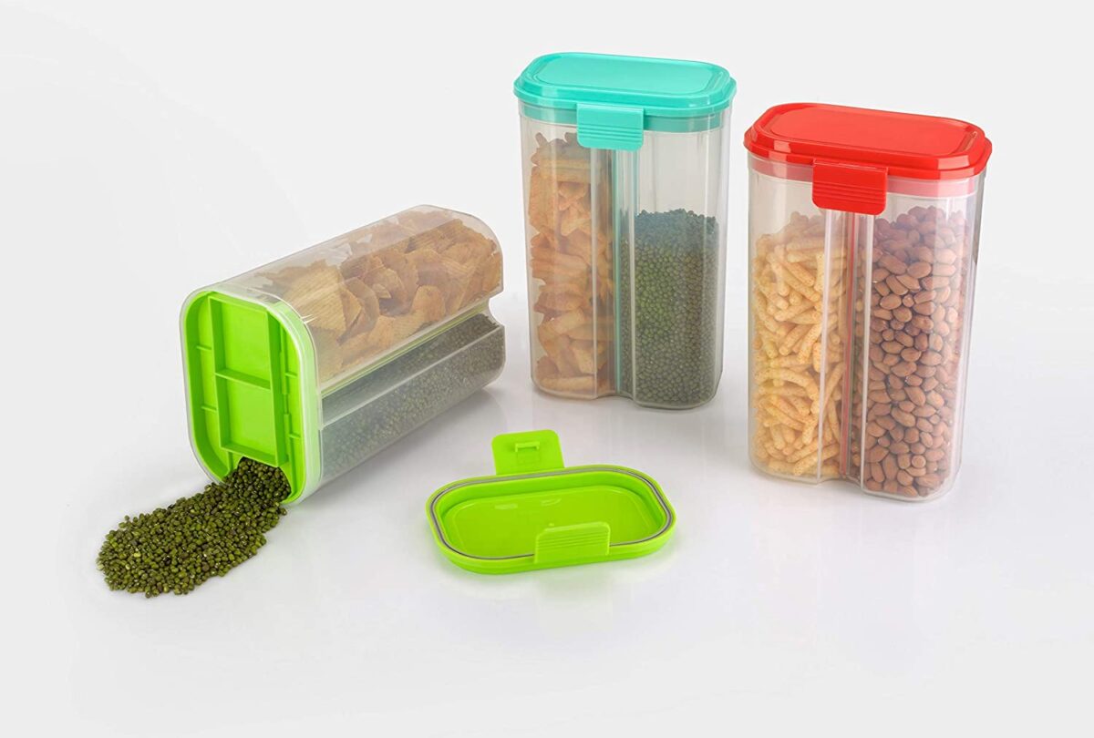 Plastic 2 Sections Air Tight Transparent Food Grain Cereal Storage Container (2 ltr) (With Box) - Image 5