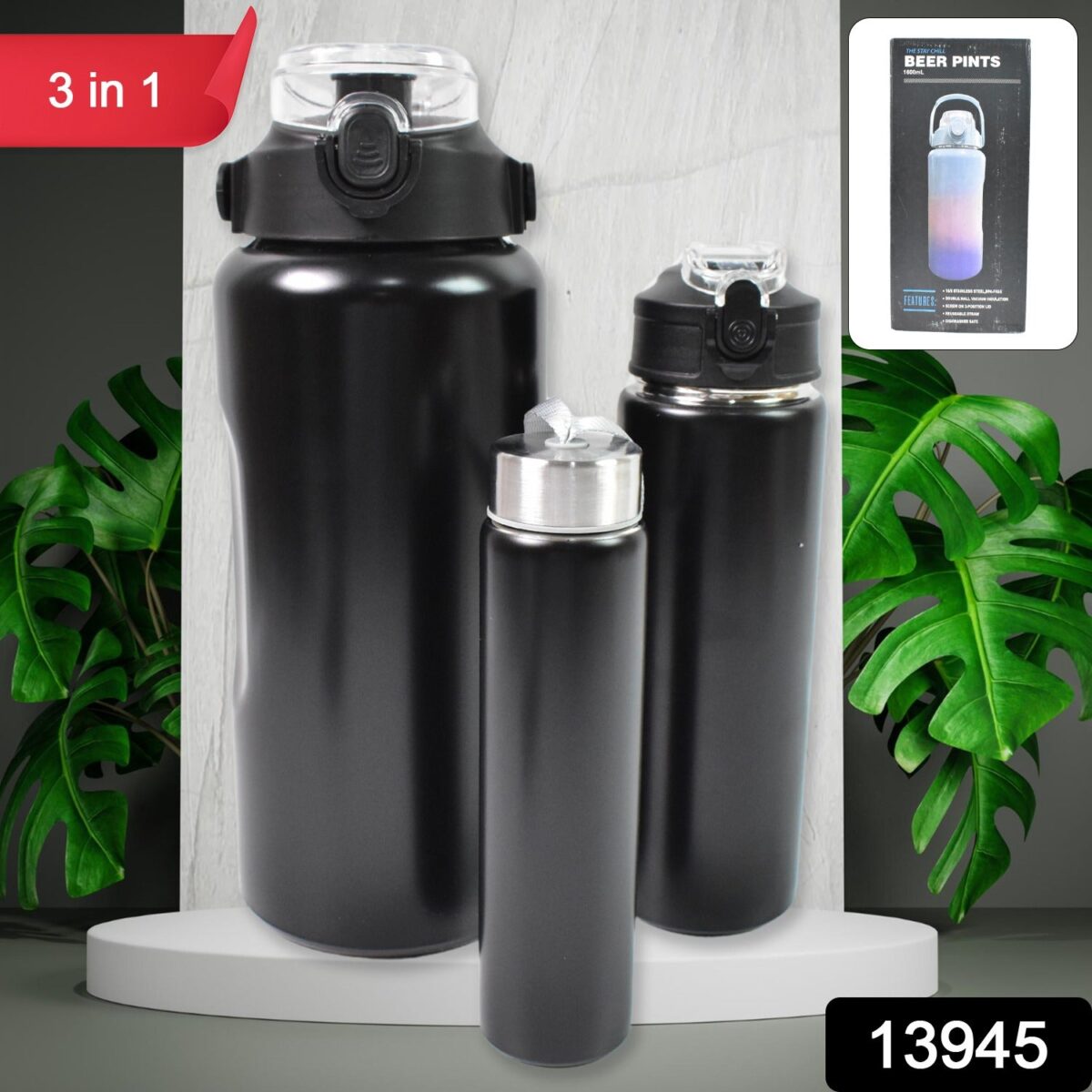 3 In 1 Stainless Steel Insulated Water Bottle, Double Wall Vacuum (3 Pcs Set / Different Size) - Image 2