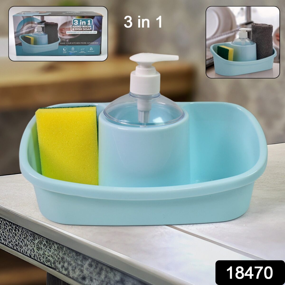 3 in 1 Hand wash Liquid Soap Dispenser with Sponge Holder (1 Set) - Image 2