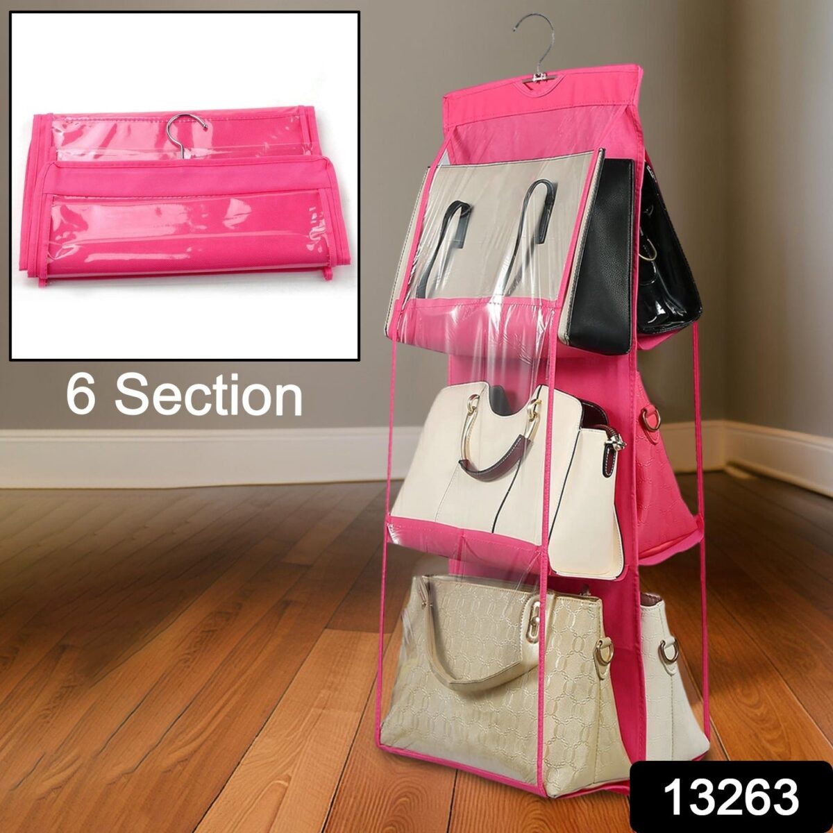 6 Pockets Hanging Purse Handbag Organizer Clear Hanging Shelf Bag (1 Pc) - Image 2