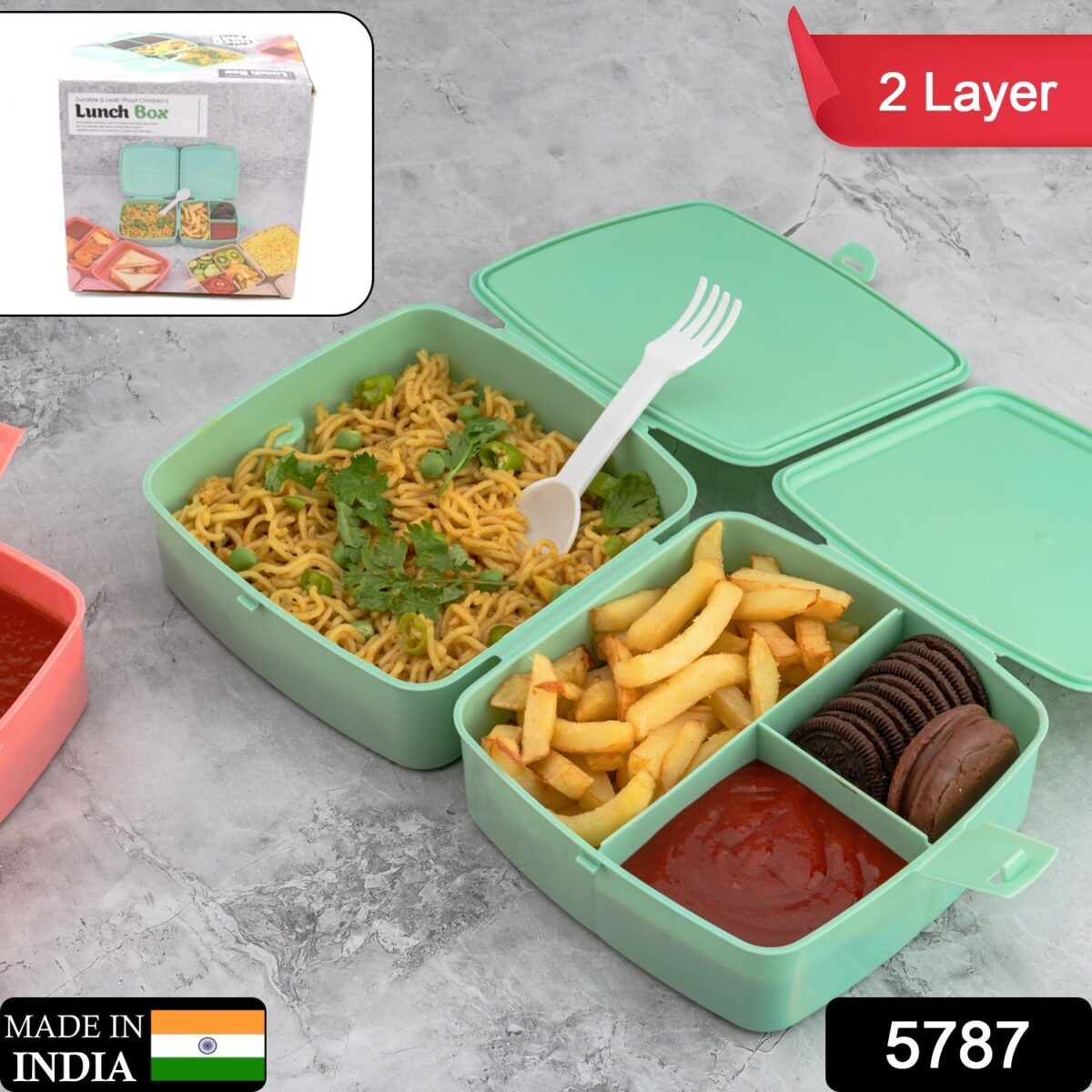 Double-Layer Square Lunch Box with  Spoon , 4 Compartment Tiffin & Push Lock , Plastic Tiffin Box for Travelling, School Kids & Office Exclusive, Home - Image 2
