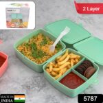 Double-Layer Square Lunch Box with  Spoon , 4 Compartment Tiffin & Push Lock , Plastic Tiffin Box for Travelling, School Kids & Office Exclusive, Home - Image 2