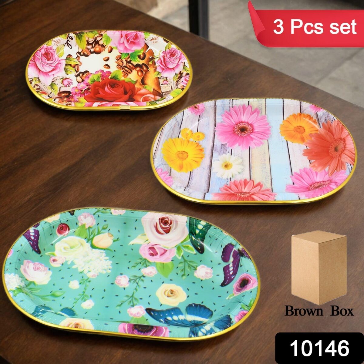 Plastic Flower Printed Design Serving Tray (3 Pcs Set / Mix Color) - Image 2