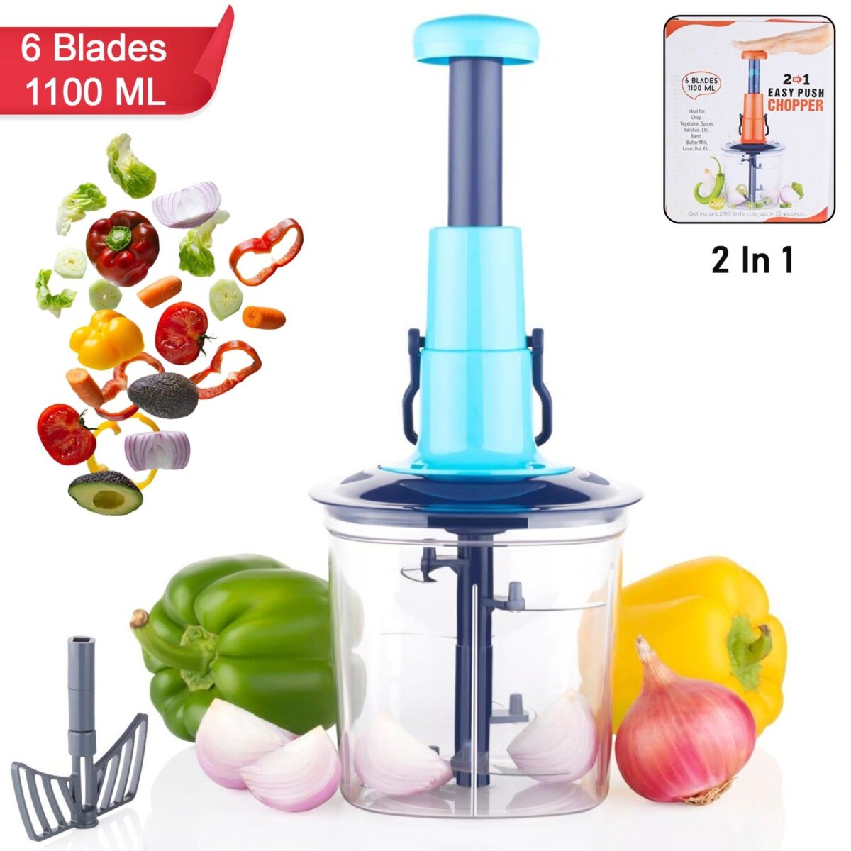 6 Blades Manual Hand-Press Vegetable Chopper (1100 ML / Mix Color) - Image 1