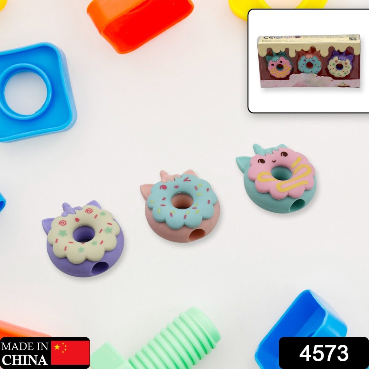 Tree Small Sized Cartoon Themed Non-Toxic Donut Erasers, School Stationery | for Kids - Boys & Girls | Birthday Gift |Return Gift (3pc Set) - Image 2
