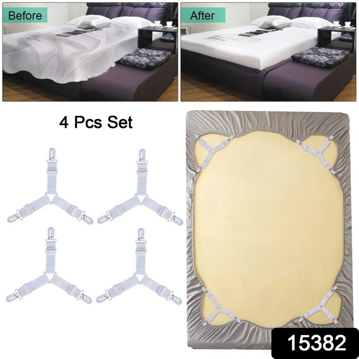 Adjustable Triangle Elastic Suspenders Gripper Holder Straps Clip for Bed Sheets (4 Pc) - Image 2
