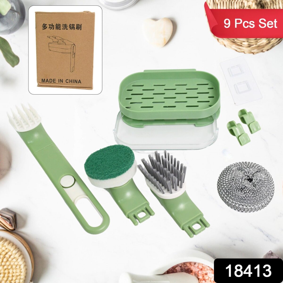 Dish Brush Set with Handle, Replacement Heads, Drain Tray in Kitchen (9 Pcs Set) - Image 2