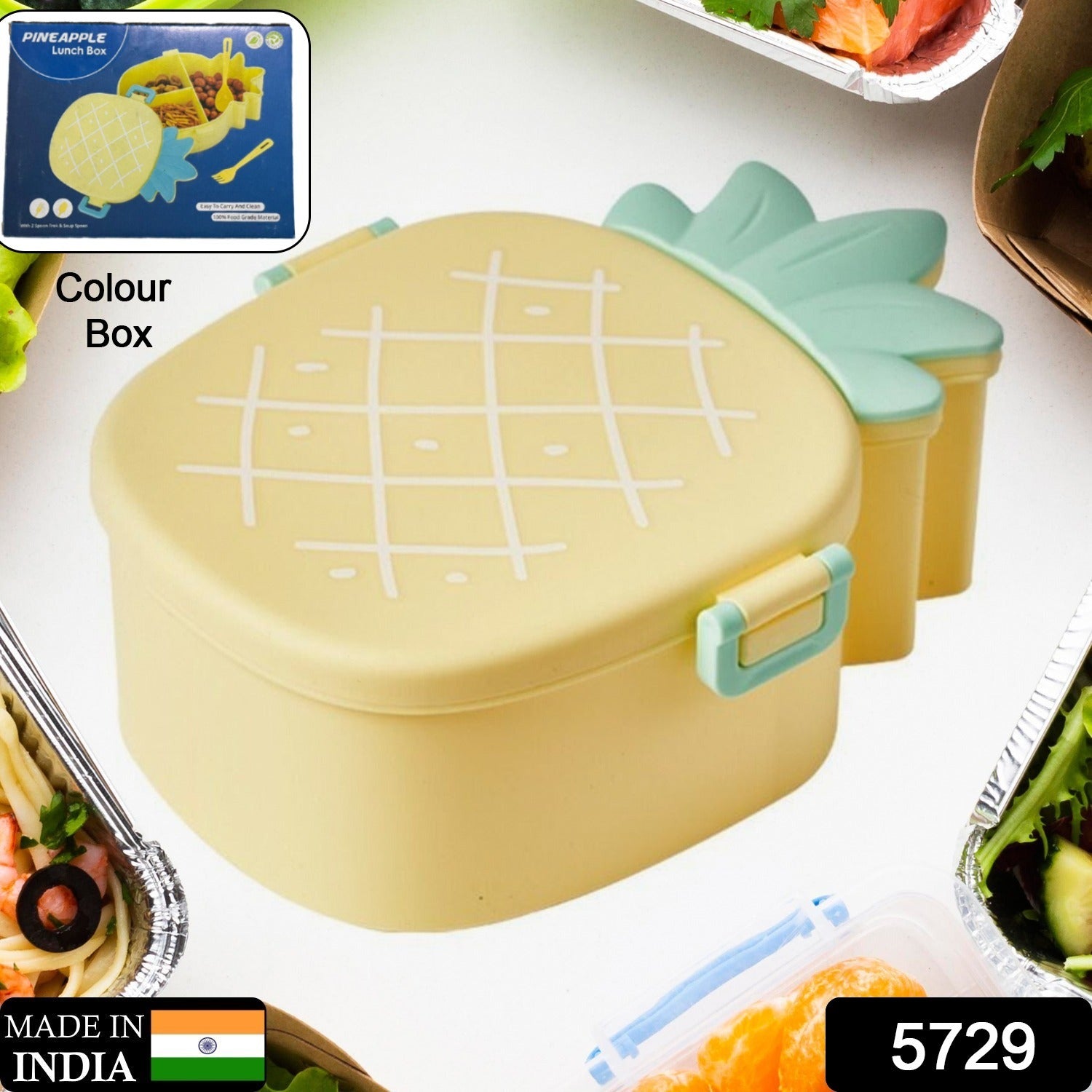 d05b8250-4136-4c24-9dad-d94d5f5daf24.jpg Kids Lunch Box Cute Pineapple Shaped Bento Box with Fork Spoon Snack Container Microwave Portable Office Lunch Box (1 Pc / With Spoon, Fork & Color Box) - Image 2