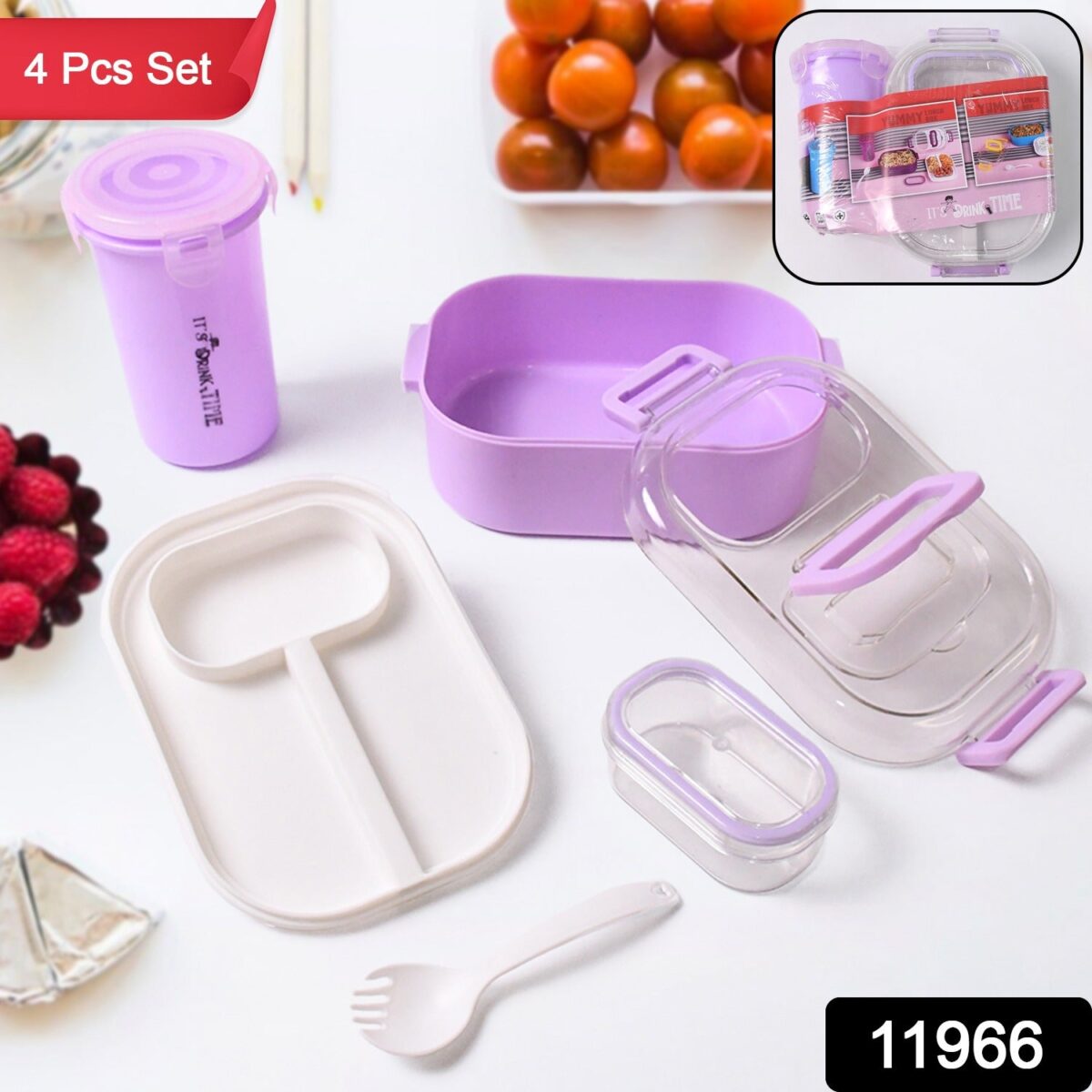 Plastic Lunch Box With Small Box, Bottle & Sponn for Kids Lunch Box (4 Pc Set) - Image 2