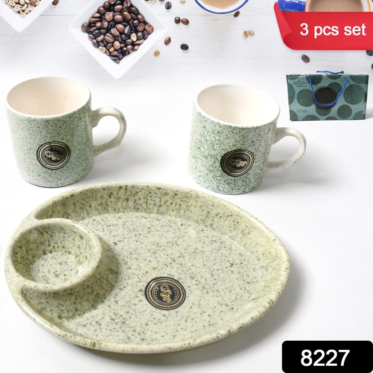 Ceramic Tea/Coffee Cup Set - Alpino 3-Piece with 2-Compartment Serving Platter (BPA-Free) - Image 2