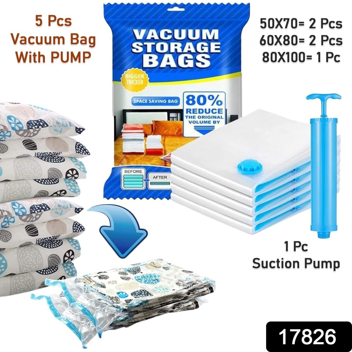 Vacuum Storage Bags with Suction Pump & Shirt clips - Vacuum Bags - Big Capacity Vacuum Seal Bags for Travel Clothes Blankets Pillows, Compression Bags | Space Saver Vacuum Storage Bags (5 Pcs Set) - Image 1