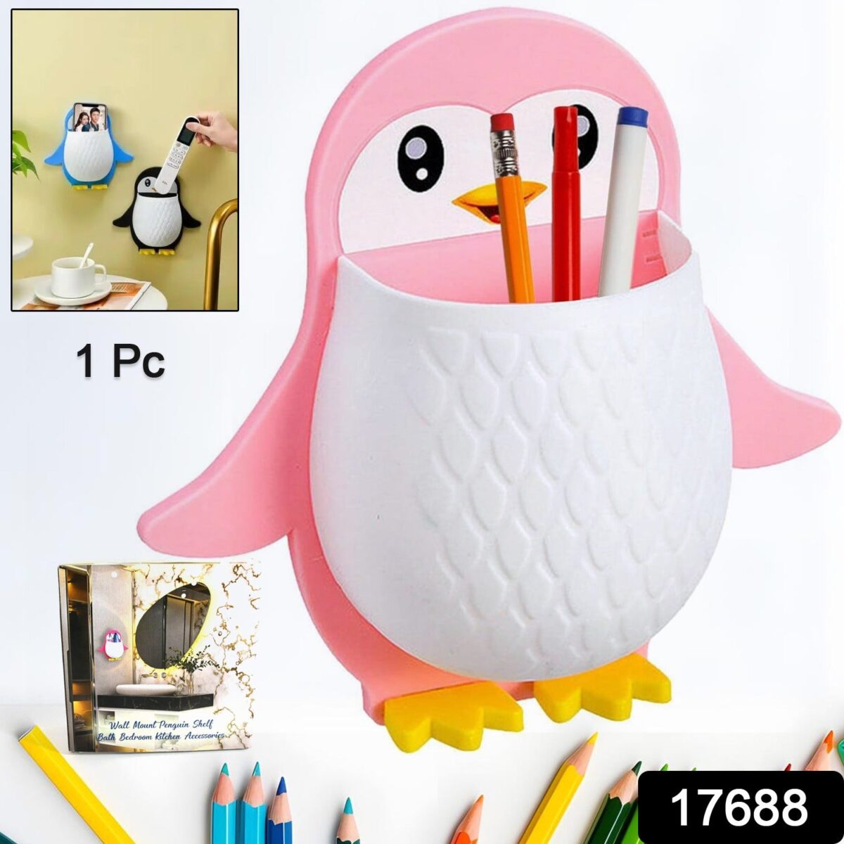 Penguin Storage Box, Adhesive Remote Case, Electric Toothbrushes Holder, Universal Controller Holder, Wall Nightstand, Office Plastic Wall Mount - Image 2