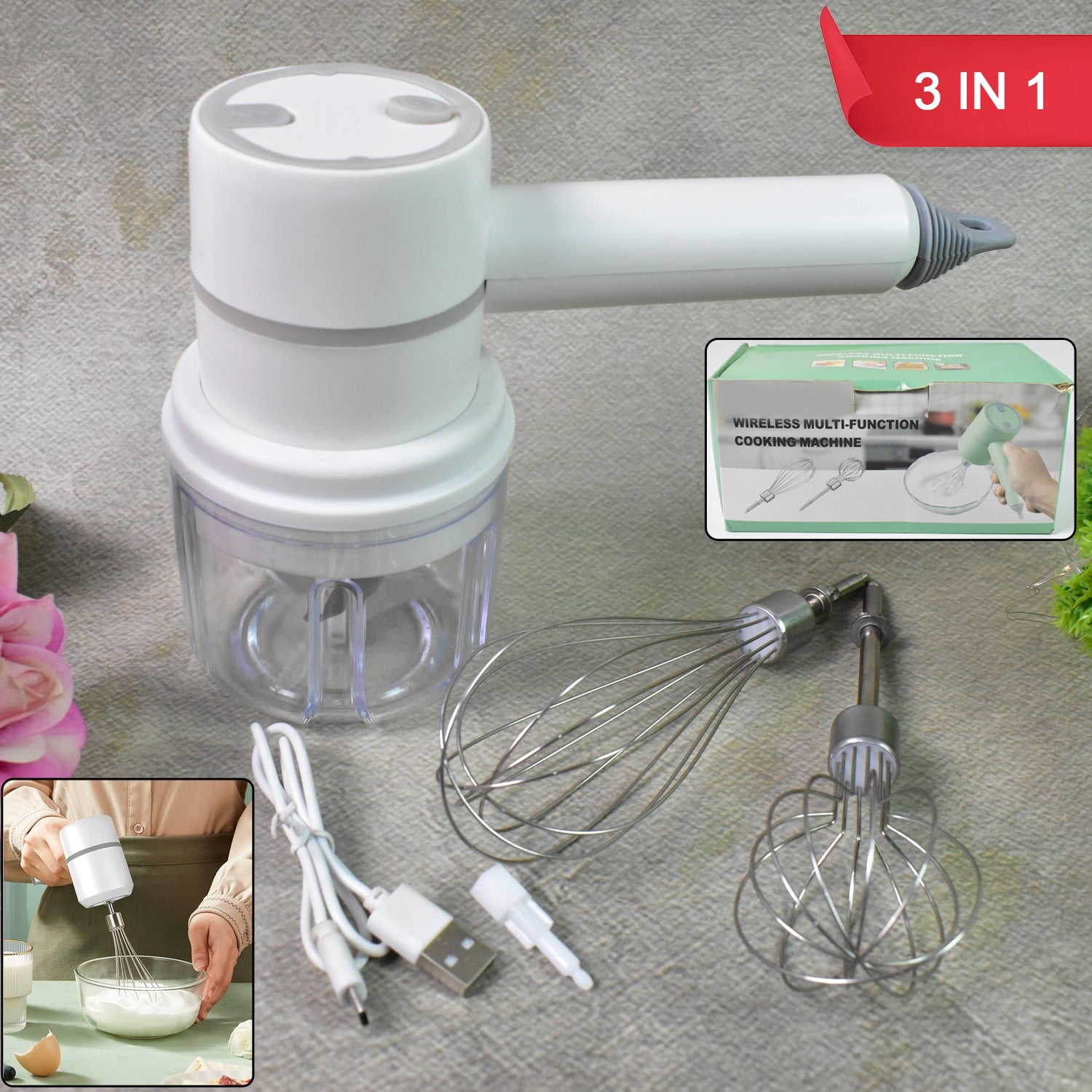 fa6c81ba-29ae-4dd5-acda-bc18a993e2ac.jpg Hand Mixer Food Chopper Cordless 3 in 1 Electric Hand Mixer (1 Set) - Image 1