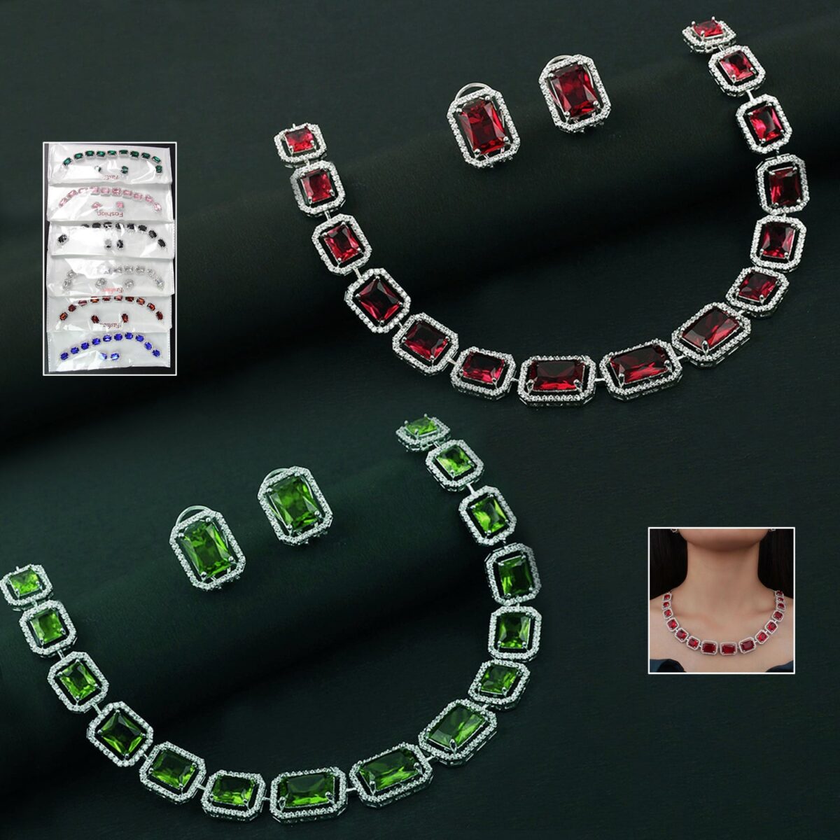 Diamond Necklace and Earrings Set (1 Set / Mix Color) - Image 1