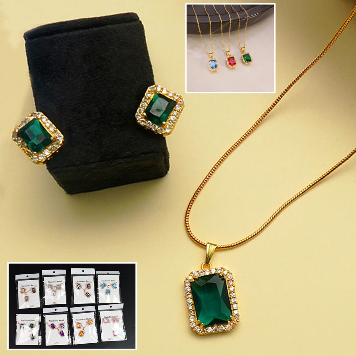 Stone Pendant Necklace Chain Set with Earrings (1 Set / Mix Color & Design) - Image 1