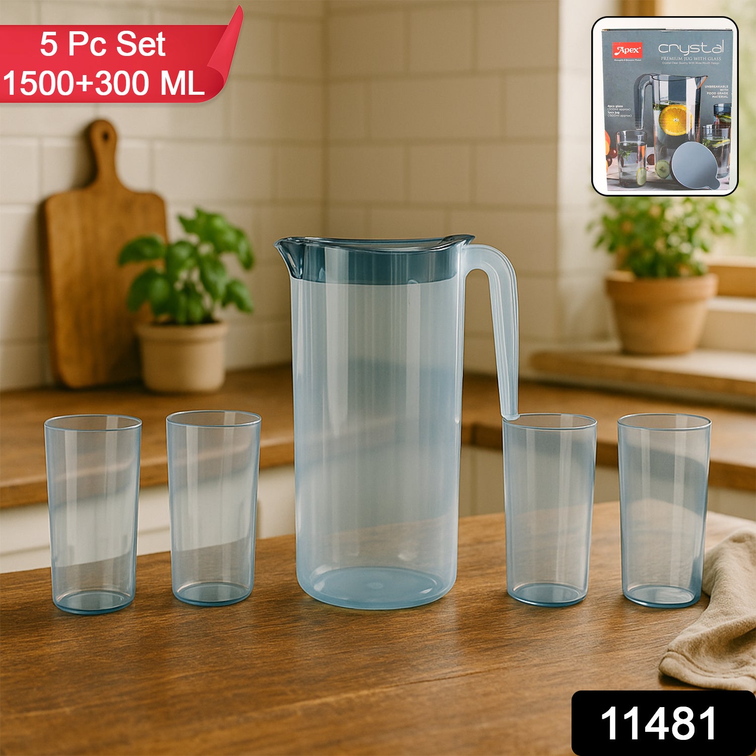 sku_62255ca6-14cf-4033-bc8a-7268c650a87a.jpg Apex Crystal Premium Jug with Lid & 4 Pcs Glass (1500 ML / 300 ML Approx / 5 Pcs Set) - Image 2