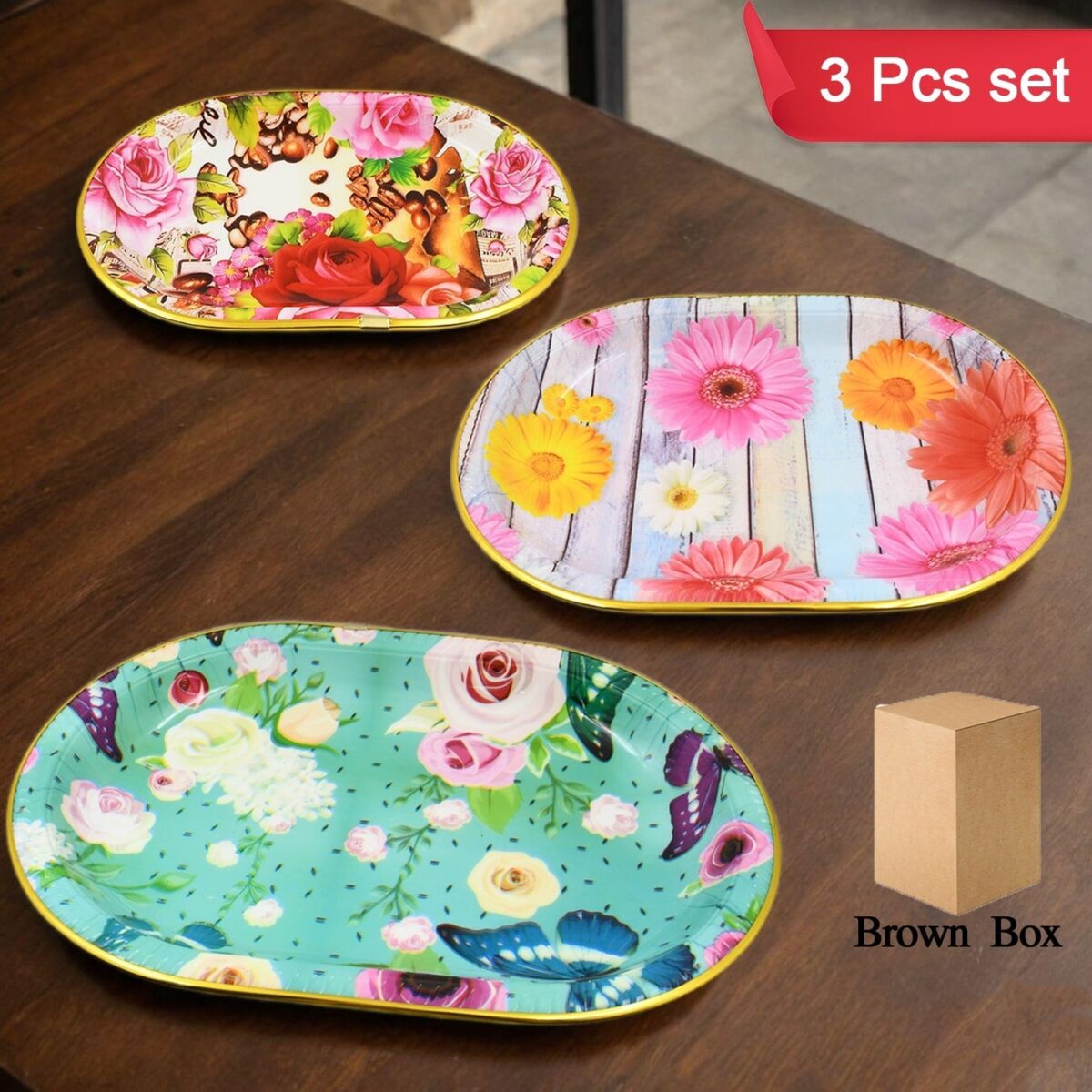 Plastic Flower Printed Design Serving Tray (3 Pcs Set / Mix Color) - Image 1