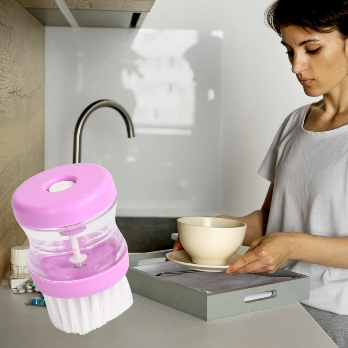 Plastic Wash Basin Brush Cleaner with Liquid Soap Dispenser (Multicolour) - Image 2